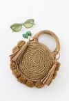 Pom-Pom Ball Tassel Trim Straw Handbag