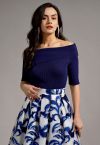 Folded Off-Shoulder Short-Sleeve Knit Top in Navy