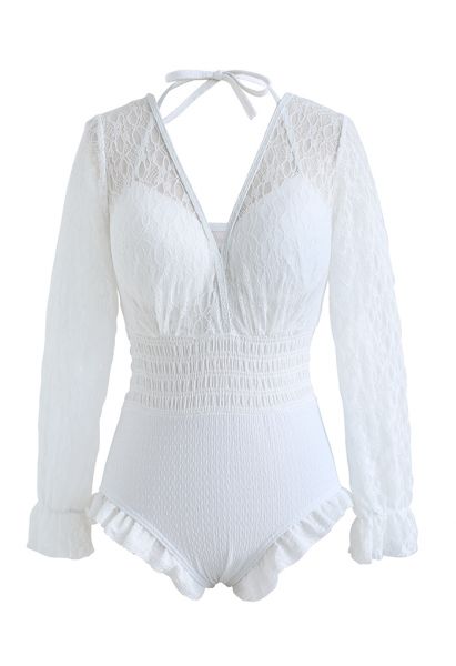 Lacy Long Sleeves Shirred  Ruffle Swimsuit in White