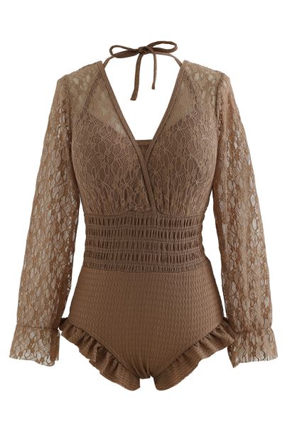 Lacy Long Sleeves Shirred  Ruffle Swimsuit in Brown