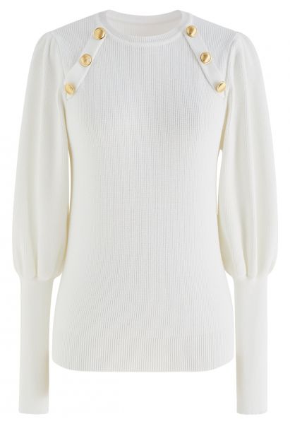 Bubble Sleeves Button Trimmed Knit Top in White