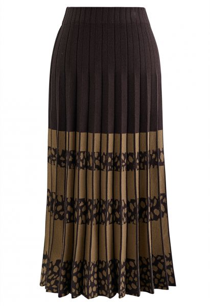 Color Block Spot Pleated Knit Skirt in Brown