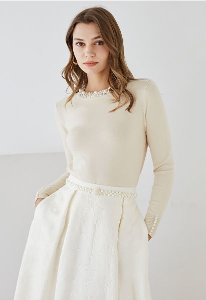 Pearl Trimmed Soft Knit Top in Cream