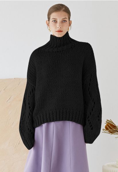 Pointelle Sleeve High Neck Hand-Knit Sweater in Black