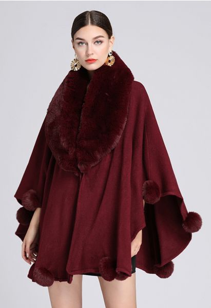 Faux Fur Collar Pom-Pom Trim Poncho in Burgundy