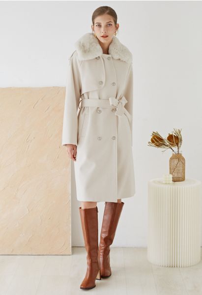 Faux Fur Collar Double Breasted Belted Coat in Cream