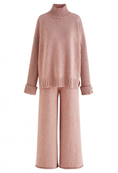 High Neck Buttoned Cuff Sweater and Knit Pants Set in Pink