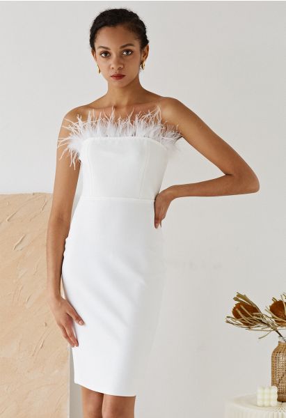 Feather Trim Bodycon Tube Cocktail Dress in White