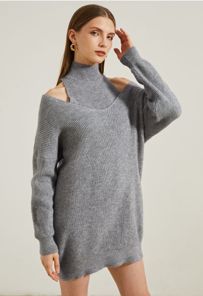 Cold-Shoulder Two-Piece Sweater Dress in Grey