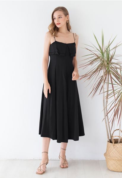 Double Straps Flap Linen Cami Dress in Black