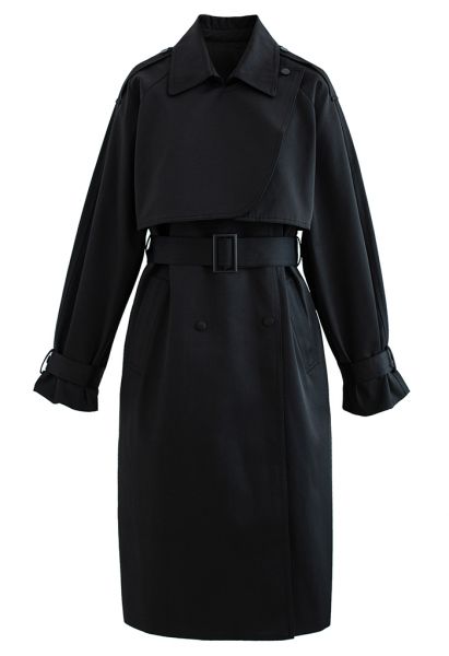 Stud Button Storm Flap Trench Coat in Black