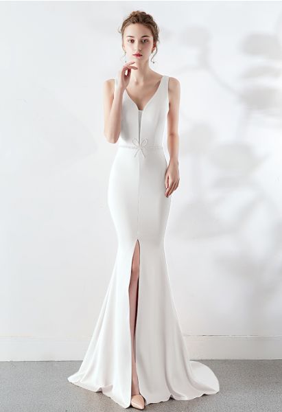 Beaded Bowknot Split Mermaid Satin Gown in White