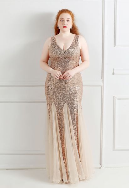 Mesh Panelled Sequined Mermaid Gown in Gold