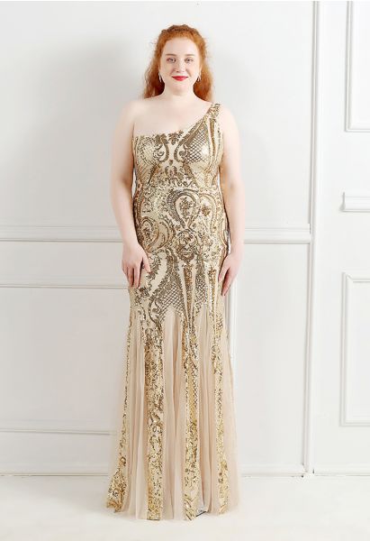 One-Shoulder Floral Lattice Sequined Mesh Gown in Gold