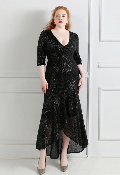 Elbow Sleeve Ruffle Sequined Gown in Black