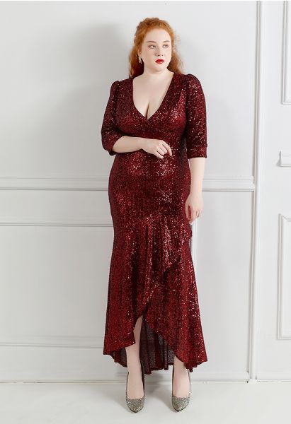 Elbow Sleeve Ruffle Sequined Gown in Burgundy