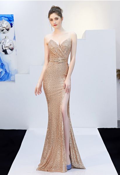 Split Side Sequined Wrap Cami Gown in Gold