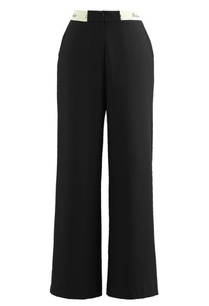 Contrast Waist Straight-Leg Pants in Black