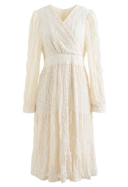 Full Lace Solid Color Wrap Dress in Cream