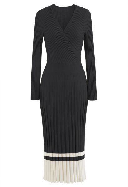 Soft Knit Contrast Hem Wrap Midi Dress in Black