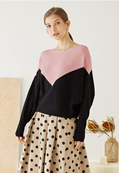 Two-Tone Boat Neck Batwing Sleeve Sweater in Pink