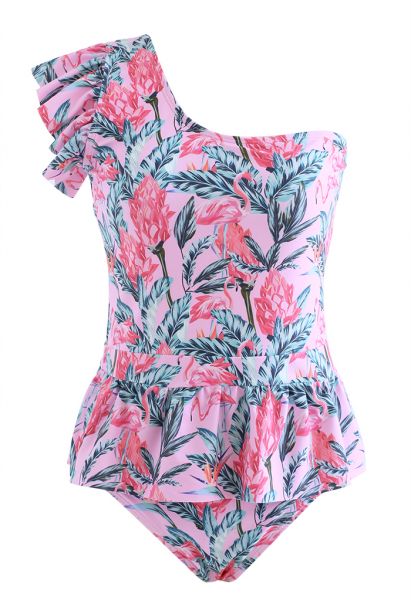 Flamingo One-Shoulder Ruffle Trim Swimsuit