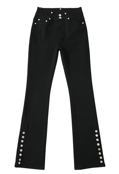 High Waist Button Trim Stretchy Jeans in Black