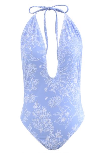 Floral Sketch Open Back Swimsuit in Blue