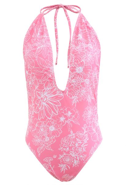 Floral Sketch Open Back Swimsuit in Pink