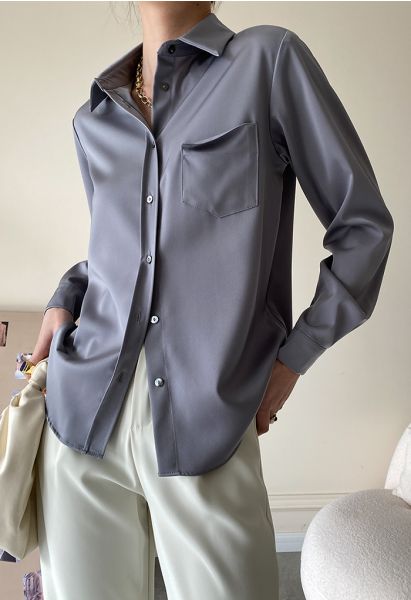 Front Pocket Satin Button Down Shirt in Dusty Blue