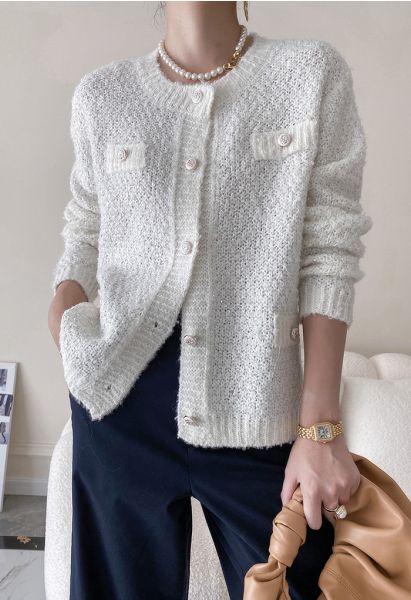 Sequins Trim Mohair Knit Cardigan in White