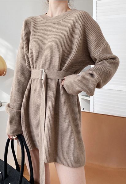 Belted Ribbed Longline Sweater in Tan