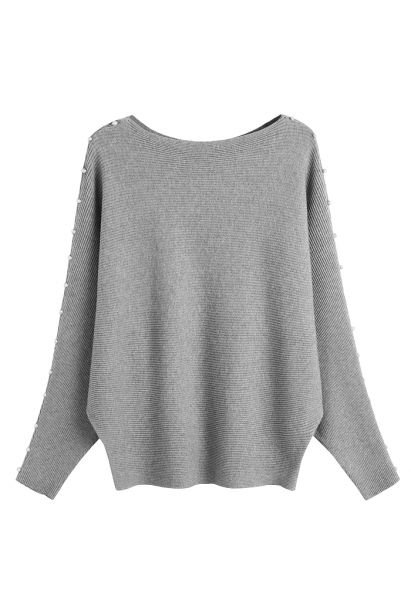 Pearly Batwing Sleeve Knit Sweater in Grey