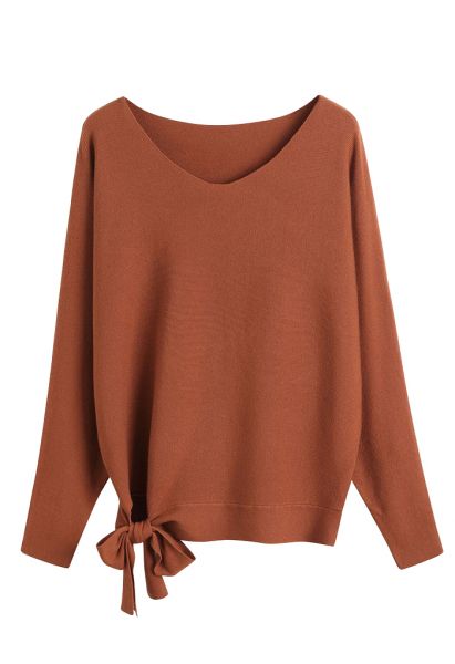 Batwing Sleeve Bowknot Oversize Sweater in Caramel