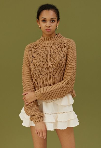 Exaggerated Ribbed High Neck Chunky Knit Crop Sweater in Tan