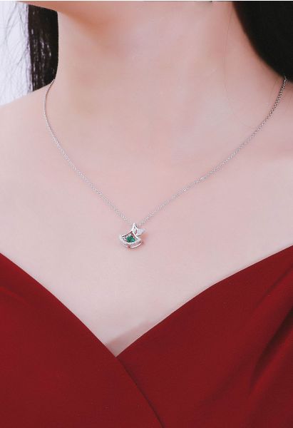 Hollow Out Fan Shape Emerald Gem Necklace 