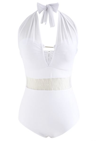 Translucent Waist Mesh Spliced Swimsuit in White