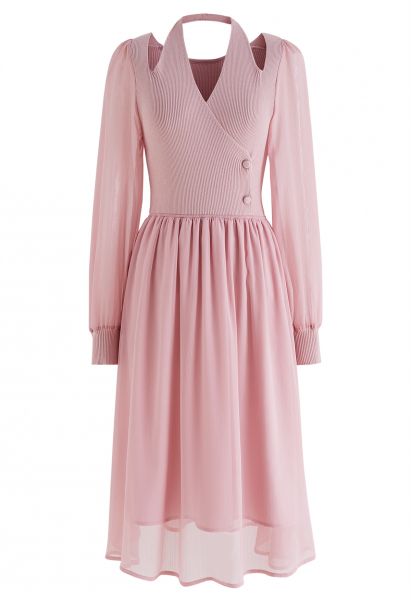 Knit Spliced Halter Neck Sheer Midi Dress in Pink