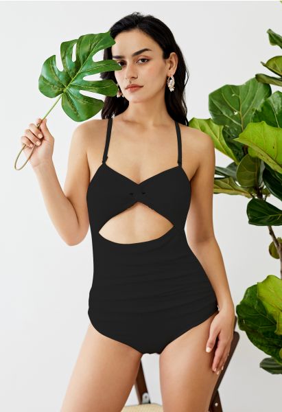 Twisted Cutout Wavy Textured Swimsuit in Black