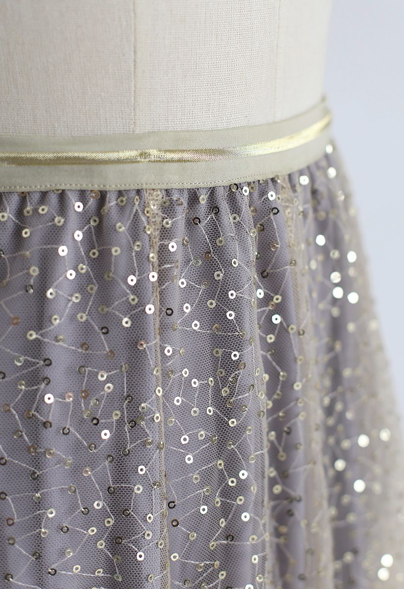 シークイン刺繍メッシュチュールプリーツスカート