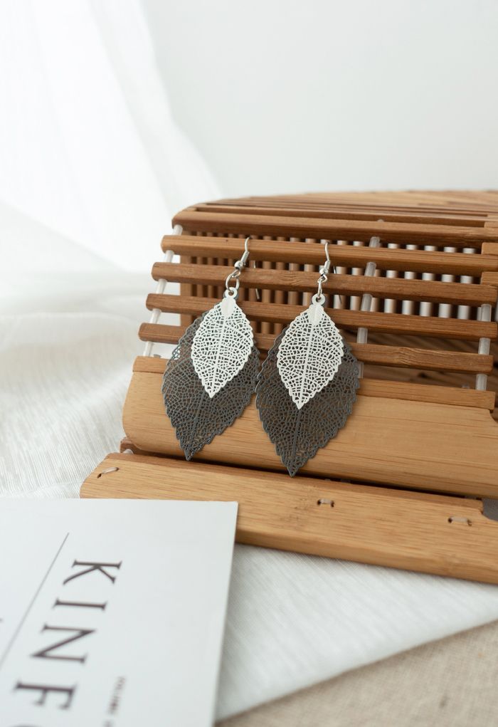 Boho Double Leaf Earrings in Black