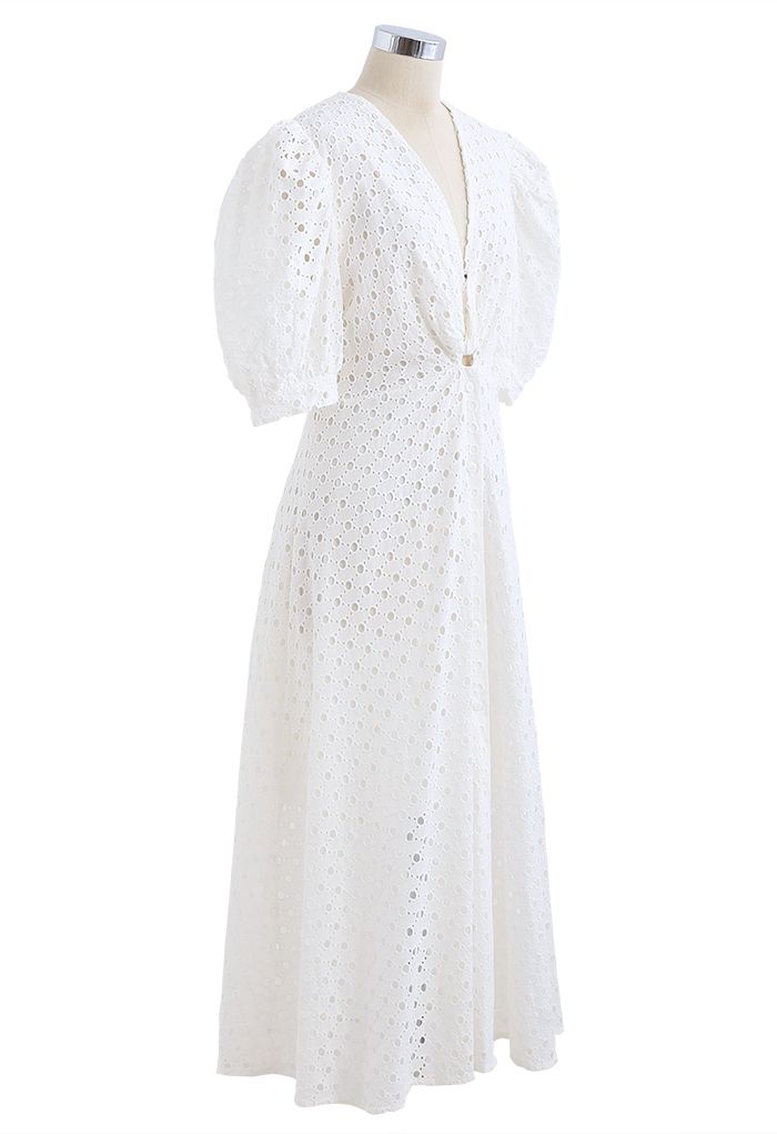 Twist V-Neck Buttoned Eyelet Dress in White