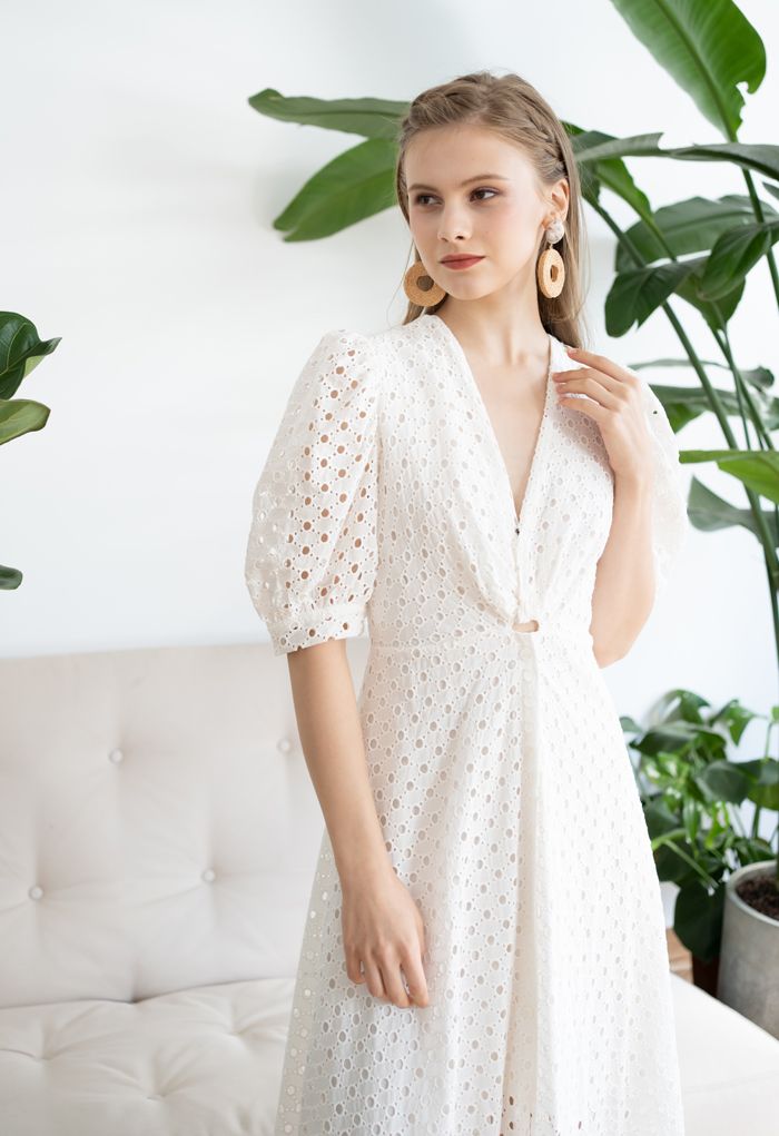 Twist V-Neck Buttoned Eyelet Dress in White