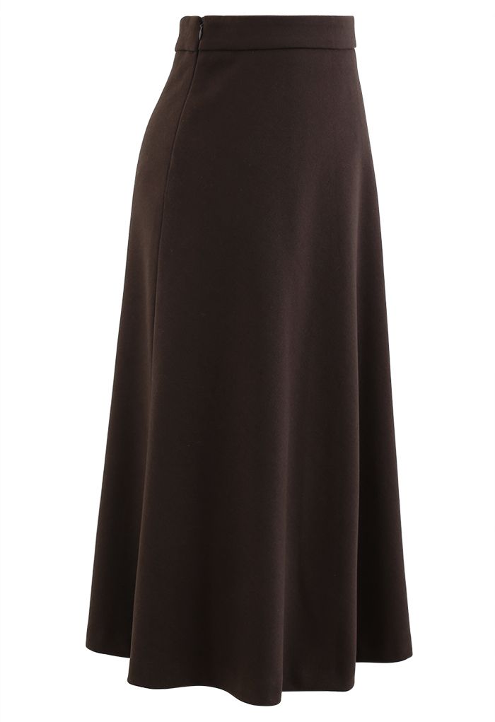 High Waist Basic Seamed Midi Skirt in Brown