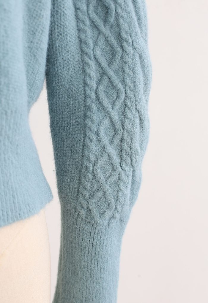 Cropped Square Neck Braid Knit Sweater in Turquoise