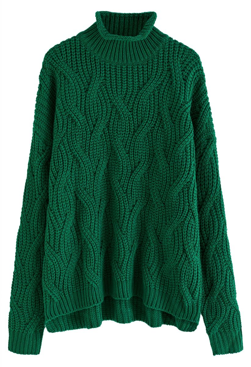 High Neck Hi-Lo Braided Chunky Knit Sweater in Emerald