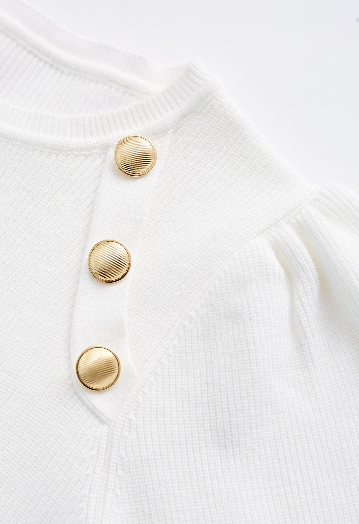 Bubble Sleeves Button Trimmed Knit Top in White