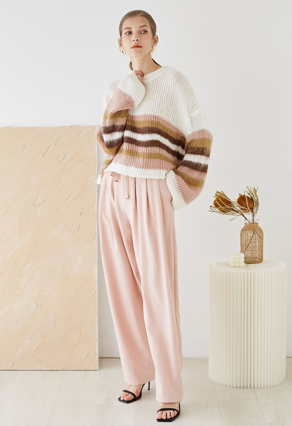 Pleated Detail Drawstring Waist Wide-Leg Pants in Pink