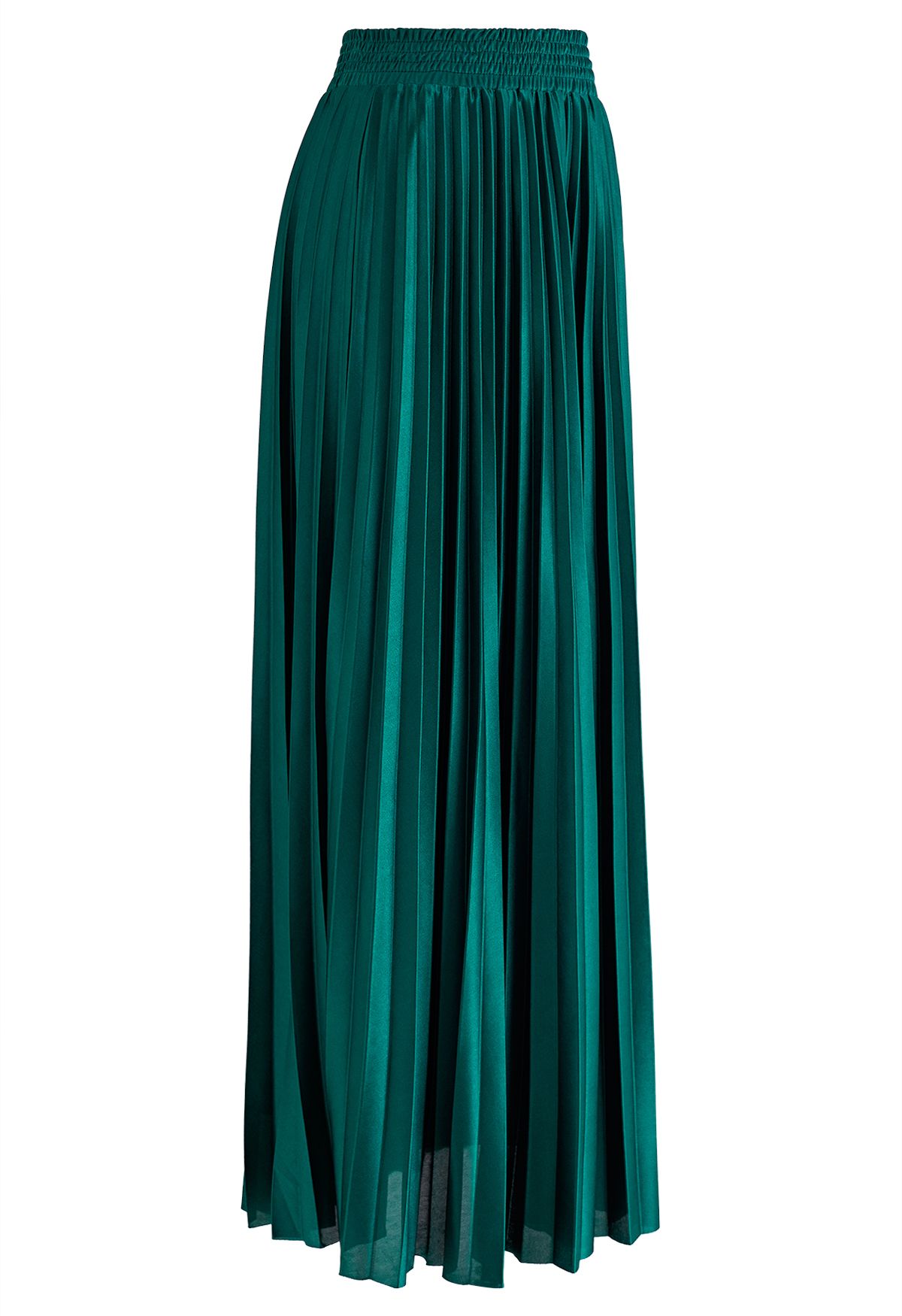 Glossy Pleated Maxi Skirt in Emerald