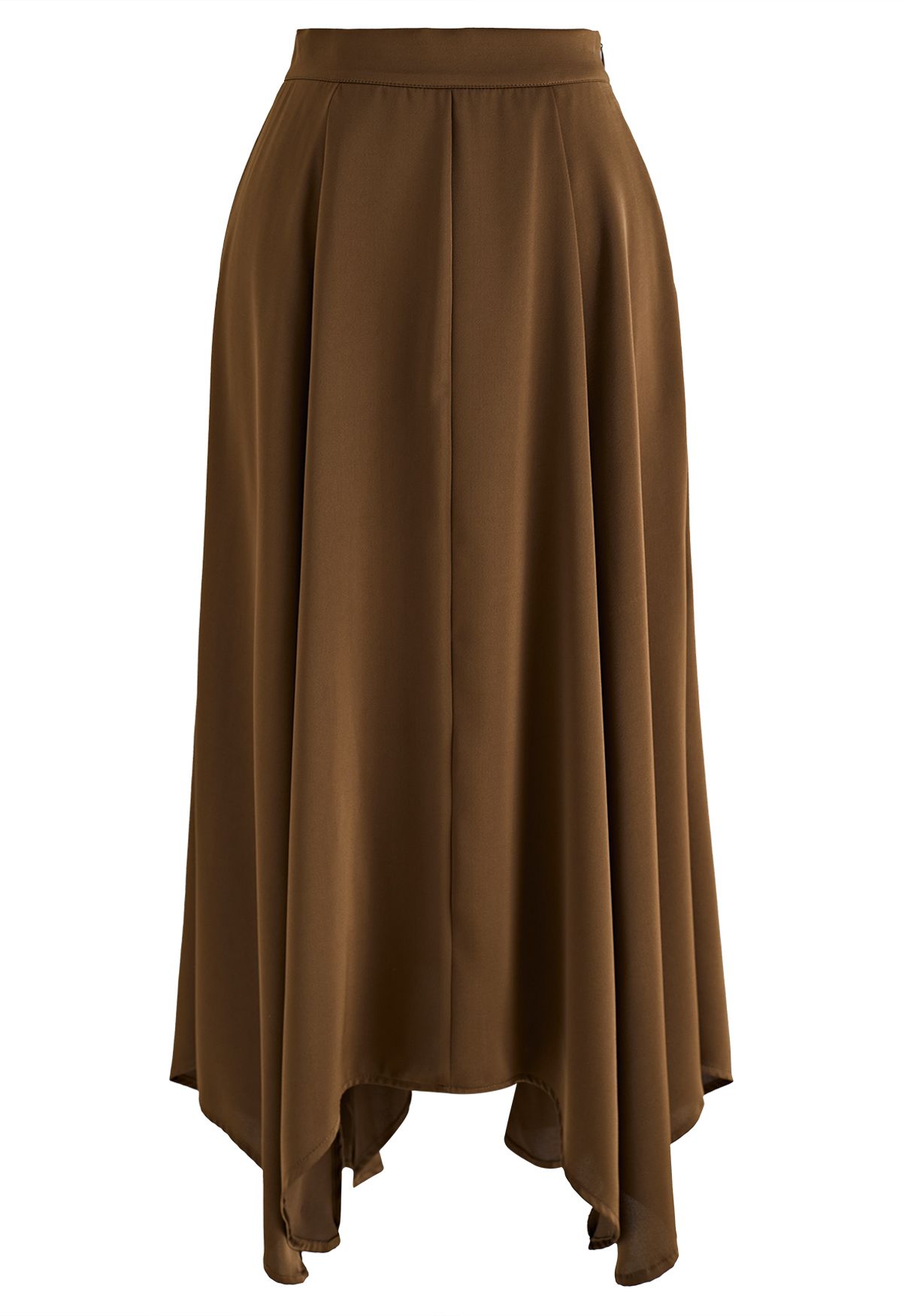 Asymmetric Hem Double Slit Satin Skirt in Brown